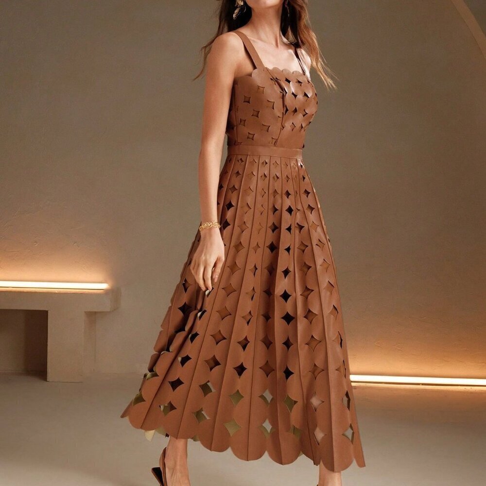 Khaki Elegant Women's Faux Leather Laser Party maxi Dress - Picture 6 of 7